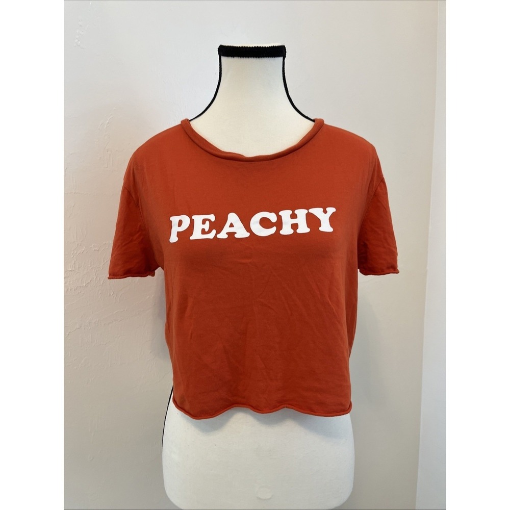 Garage Peachy Graphic Crop Top Womens P/S Burnt Orange Raw Hem Short Sleeve Tee